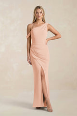 One - Shoulder Sheath Ruched Bridesmaid Dress With Slit in English Rose - KissProm Bridesmaid Dresses