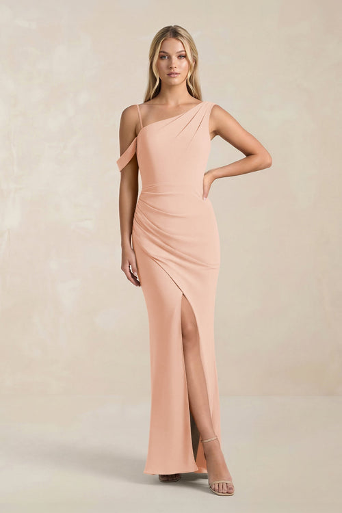 One - Shoulder Sheath Ruched Bridesmaid Dress With Slit in English Rose - KissProm Bridesmaid Dresses