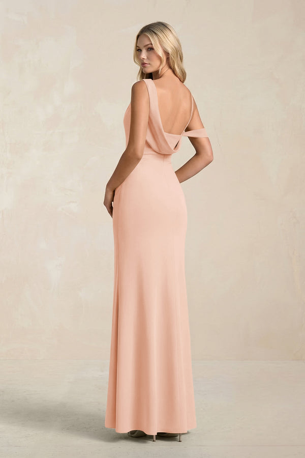 One - Shoulder Sheath Ruched Bridesmaid Dress With Slit in English Rose - KissProm Bridesmaid Dresses