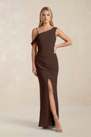 One - Shoulder Sheath Ruched Bridesmaid Dress With Slit in Espresso - KissProm Bridesmaid Dresses