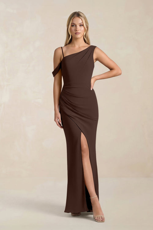 One - Shoulder Sheath Ruched Bridesmaid Dress With Slit in Espresso - KissProm Bridesmaid Dresses