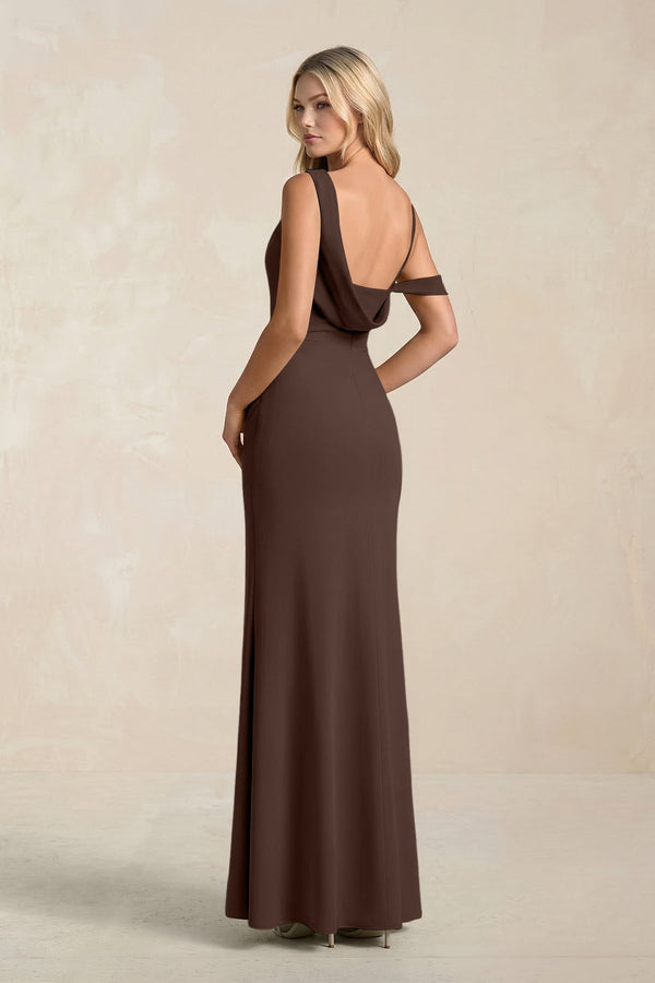One - Shoulder Sheath Ruched Bridesmaid Dress With Slit in Espresso - KissProm Bridesmaid Dresses