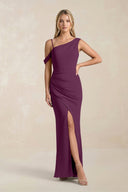 One - Shoulder Sheath Ruched Bridesmaid Dress With Slit in Fig - KissProm Bridesmaid Dresses