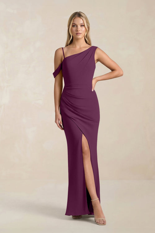 One - Shoulder Sheath Ruched Bridesmaid Dress With Slit in Fig - KissProm Bridesmaid Dresses