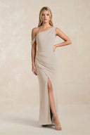 One - Shoulder Sheath Ruched Bridesmaid Dress With Slit in Frost - KissProm Bridesmaid Dresses