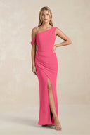 One - Shoulder Sheath Ruched Bridesmaid Dress With Slit in Fuchsia - KissProm Bridesmaid Dresses