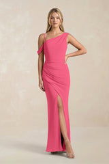 One - Shoulder Sheath Ruched Bridesmaid Dress With Slit in Fuchsia - KissProm Bridesmaid Dresses