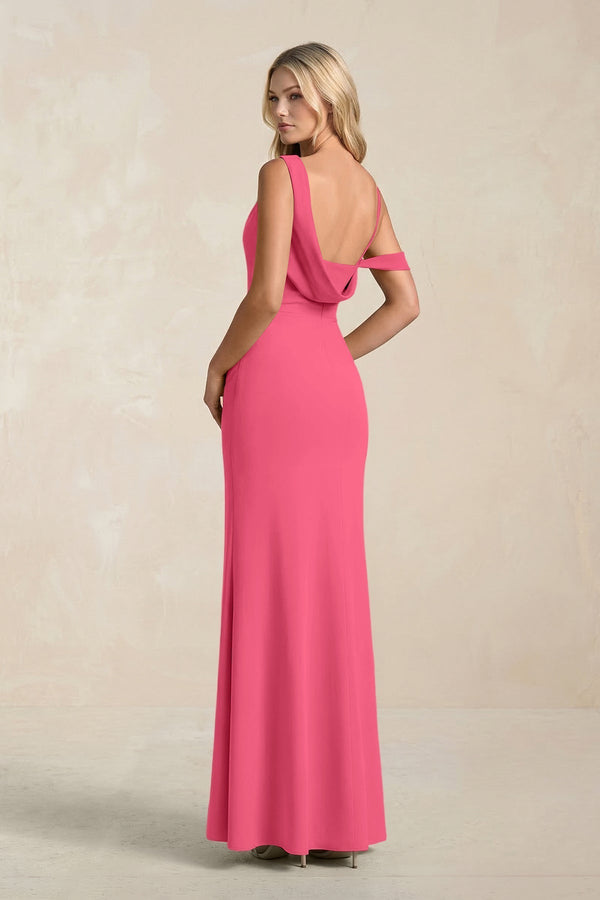 One - Shoulder Sheath Ruched Bridesmaid Dress With Slit in Fuchsia - KissProm Bridesmaid Dresses