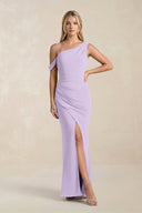 One - Shoulder Sheath Ruched Bridesmaid Dress With Slit in Lavender - KissProm Bridesmaid Dresses