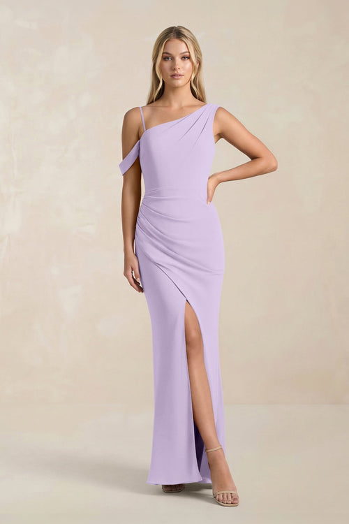 One - Shoulder Sheath Ruched Bridesmaid Dress With Slit in Lavender - KissProm Bridesmaid Dresses
