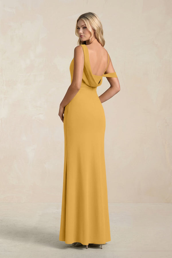 One - Shoulder Sheath Ruched Bridesmaid Dress With Slit in Marigold - KissProm Bridesmaid Dresses