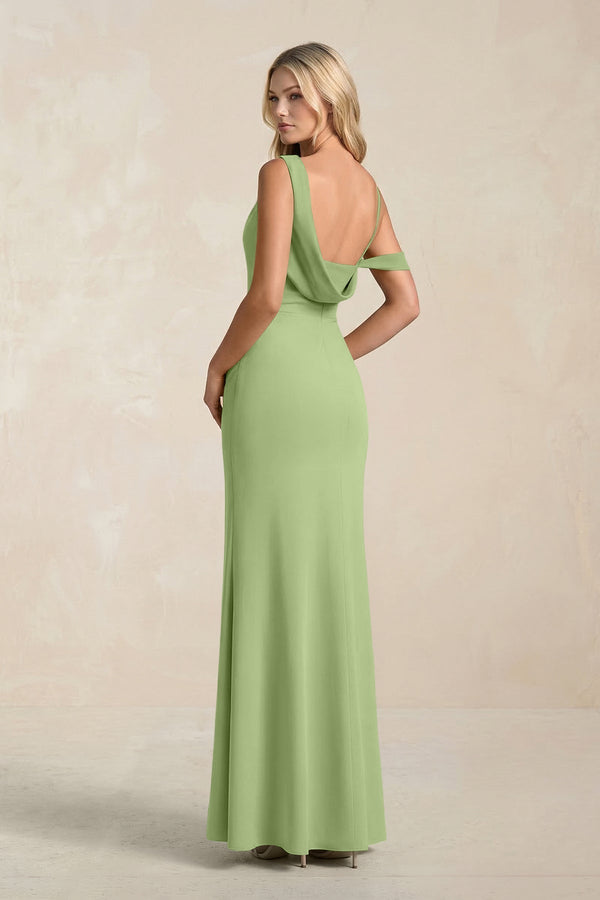 One - Shoulder Sheath Ruched Bridesmaid Dress With Slit in Matcha - KissProm Bridesmaid Dresses