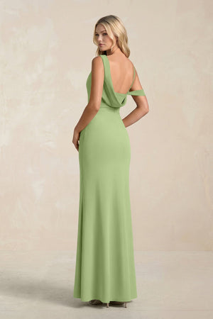 One - Shoulder Sheath Ruched Bridesmaid Dress With Slit in Matcha - KissProm Bridesmaid Dresses