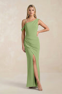 One - Shoulder Sheath Ruched Bridesmaid Dress With Slit in Matcha - KissProm Bridesmaid Dresses