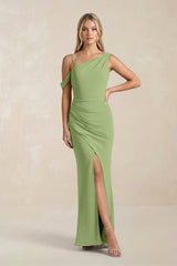 One - Shoulder Sheath Ruched Bridesmaid Dress With Slit in Matcha - KissProm Bridesmaid Dresses