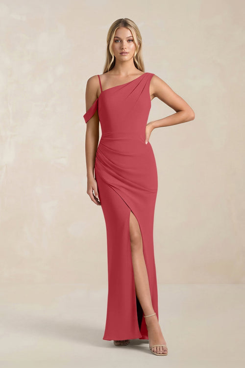 One - Shoulder Sheath Ruched Bridesmaid Dress With Slit in Merlot - KissProm Bridesmaid Dresses
