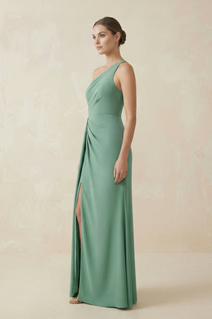 One - Shoulder Sheath Ruched Bridesmaid Dress With Slit in Mint Green - KissProm Bridesmaid Dresses