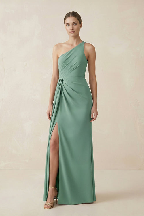 Sheath One-Shoulder Ruched Bridesmaid Dress With Slit in Mint Green, Mint Green / 18 Sheath One-Shoulder Ruched Bridesmaid Dress With Slit in Mint Green, Mint Green / 18