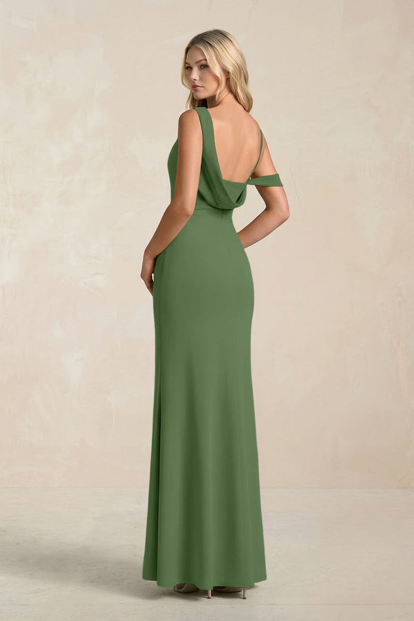 One - Shoulder Sheath Ruched Bridesmaid Dress With Slit in Moss - KissProm Bridesmaid Dresses
