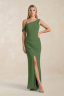 One - Shoulder Sheath Ruched Bridesmaid Dress With Slit in Moss - KissProm Bridesmaid Dresses
