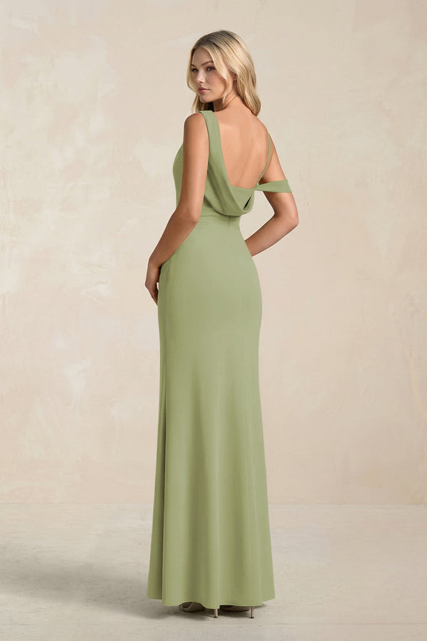 One - Shoulder Sheath Ruched Bridesmaid Dress With Slit in Moss Green - KissProm Bridesmaid Dresses
