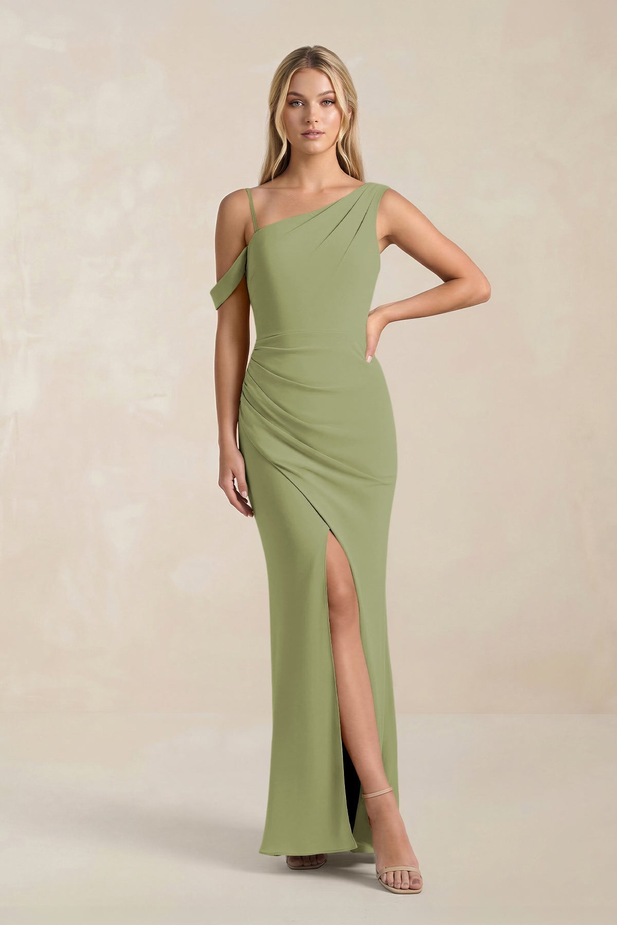 KissProm One-Shoulder Sheath Ruched Bridesmaid Dress With Slit in Moss Green, Moss Green / 0