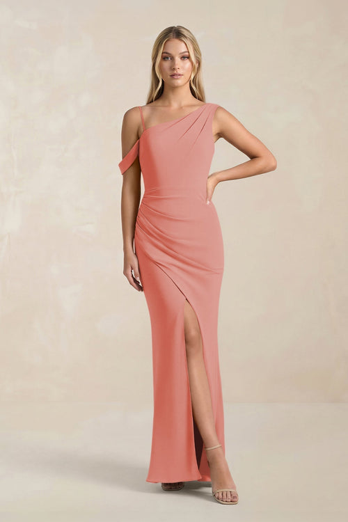 One - Shoulder Sheath Ruched Bridesmaid Dress With Slit in Mulberry - KissProm Bridesmaid Dresses