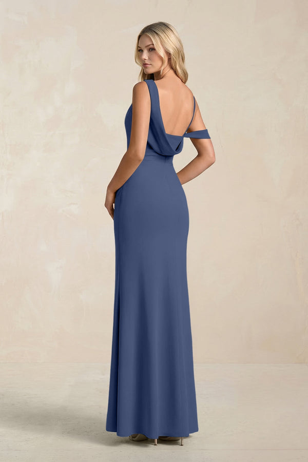 One - Shoulder Sheath Ruched Bridesmaid Dress With Slit in Navy - KissProm Bridesmaid Dresses