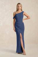 One - Shoulder Sheath Ruched Bridesmaid Dress With Slit in Navy - KissProm Bridesmaid Dresses
