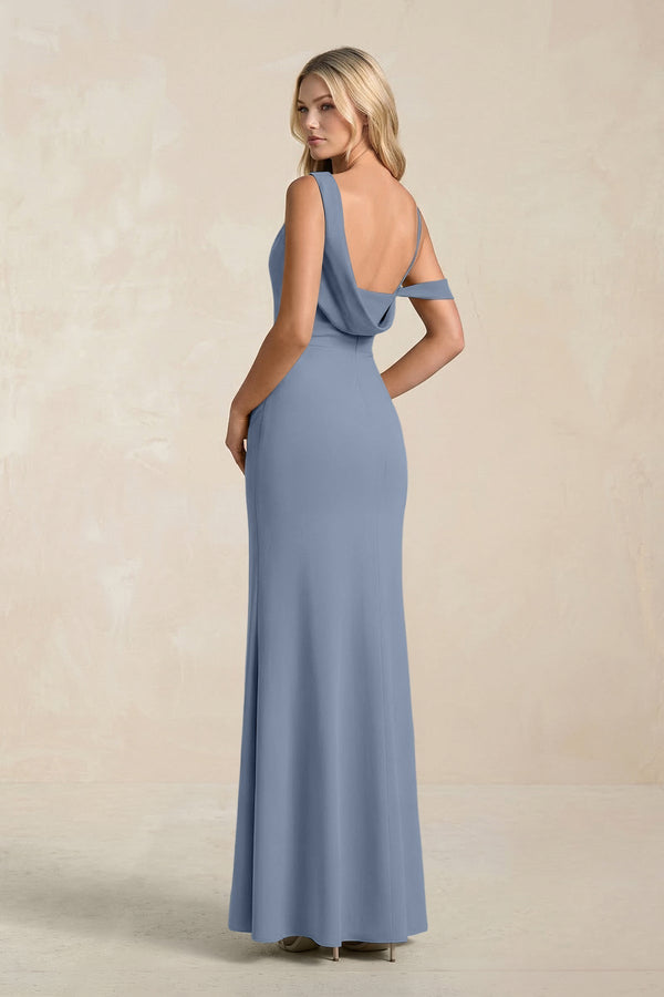 One - Shoulder Sheath Ruched Bridesmaid Dress With Slit in Neptune - KissProm Bridesmaid Dresses