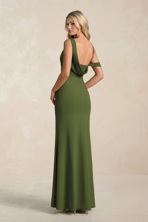 One - Shoulder Sheath Ruched Bridesmaid Dress With Slit in Olive - KissProm Bridesmaid Dresses