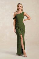 One - Shoulder Sheath Ruched Bridesmaid Dress With Slit in Olive - KissProm Bridesmaid Dresses
