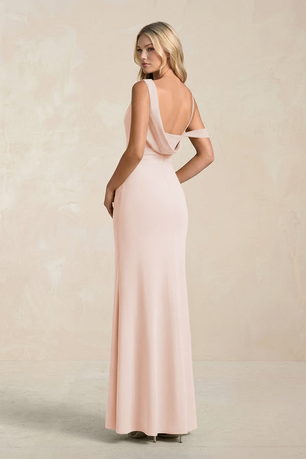 One - Shoulder Sheath Ruched Bridesmaid Dress With Slit in Pale Blush - KissProm Bridesmaid Dresses
