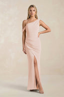 One - Shoulder Sheath Ruched Bridesmaid Dress With Slit in Pale Blush - KissProm Bridesmaid Dresses