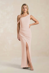 One - Shoulder Sheath Ruched Bridesmaid Dress With Slit in Pale Blush - KissProm Bridesmaid Dresses