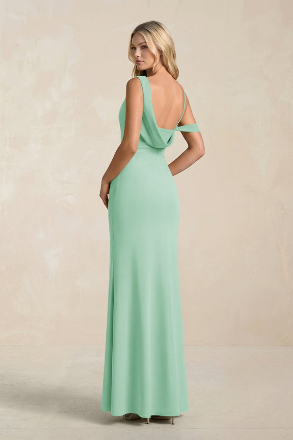 One - Shoulder Sheath Ruched Bridesmaid Dress With Slit in Pale Pistachio - KissProm Bridesmaid Dresses