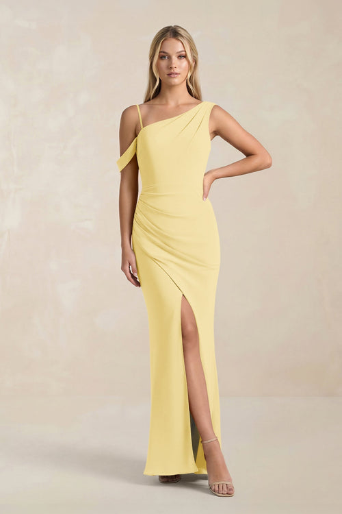 One-Shoulder Sheath Ruched Bridesmaid Dress With Slit in Pastel Yellow One-Shoulder Sheath Ruched Bridesmaid Dress With Slit in Pastel Yellow