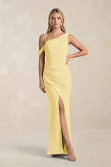 One - Shoulder Sheath Ruched Bridesmaid Dress With Slit in Pastel Yellow - KissProm Bridesmaid Dresses