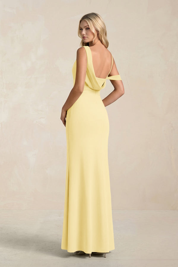 One - Shoulder Sheath Ruched Bridesmaid Dress With Slit in Pastel Yellow - KissProm Bridesmaid Dresses