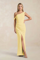 One - Shoulder Sheath Ruched Bridesmaid Dress With Slit in Pastel Yellow - KissProm Bridesmaid Dresses