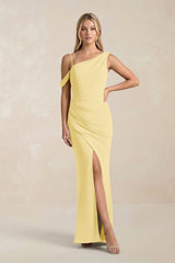 One - Shoulder Sheath Ruched Bridesmaid Dress With Slit in Pastel Yellow - KissProm Bridesmaid Dresses