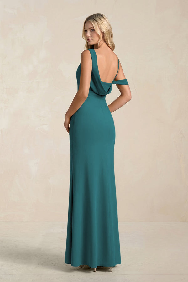 One - Shoulder Sheath Ruched Bridesmaid Dress With Slit in Pine - KissProm Bridesmaid Dresses