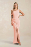 One - Shoulder Sheath Ruched Bridesmaid Dress With Slit in Rose Petal - KissProm Bridesmaid Dresses