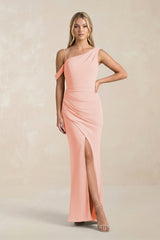 One - Shoulder Sheath Ruched Bridesmaid Dress With Slit in Rose Petal - KissProm Bridesmaid Dresses