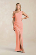 One - Shoulder Sheath Ruched Bridesmaid Dress With Slit in Rosette - KissProm Bridesmaid Dresses