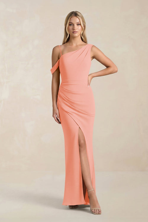One - Shoulder Sheath Ruched Bridesmaid Dress With Slit in Rosette - KissProm Bridesmaid Dresses