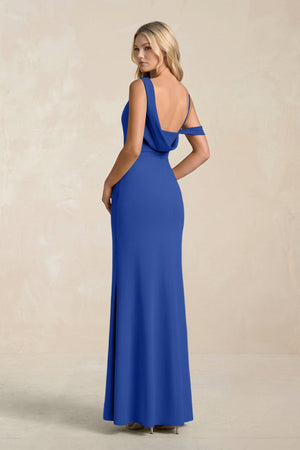 One - Shoulder Sheath Ruched Bridesmaid Dress With Slit in Royal Blue - KissProm Bridesmaid Dresses