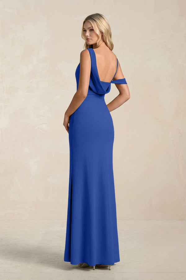 One - Shoulder Sheath Ruched Bridesmaid Dress With Slit in Royal Blue - KissProm Bridesmaid Dresses