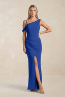 One - Shoulder Sheath Ruched Bridesmaid Dress With Slit in Royal Blue - KissProm Bridesmaid Dresses