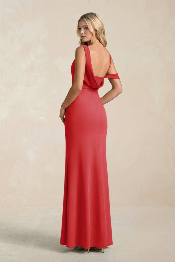 One - Shoulder Sheath Ruched Bridesmaid Dress With Slit in Ruby Red - KissProm Bridesmaid Dresses